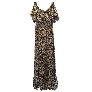 NWOT Off the Shoulder Smocked Waist Side Slit Animal Cheetah Leopard Print Dress